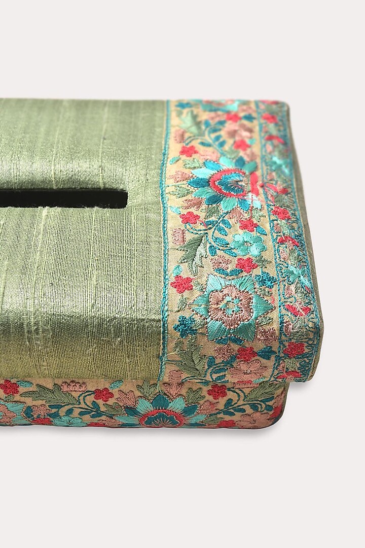 Olive Green Hand Embroidered Tissue Box by Veaves at Pernia's Pop Up Shop