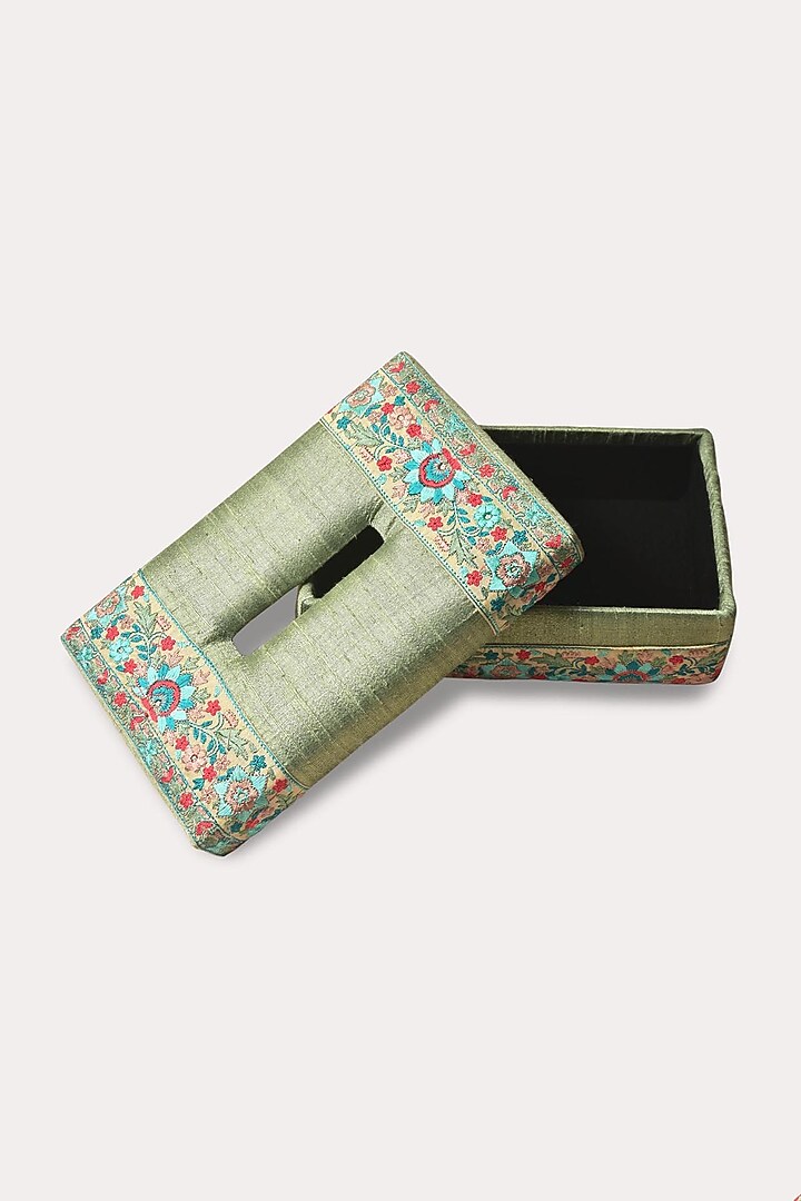 Olive Green Hand Embroidered Tissue Box by Veaves at Pernia's Pop Up Shop
