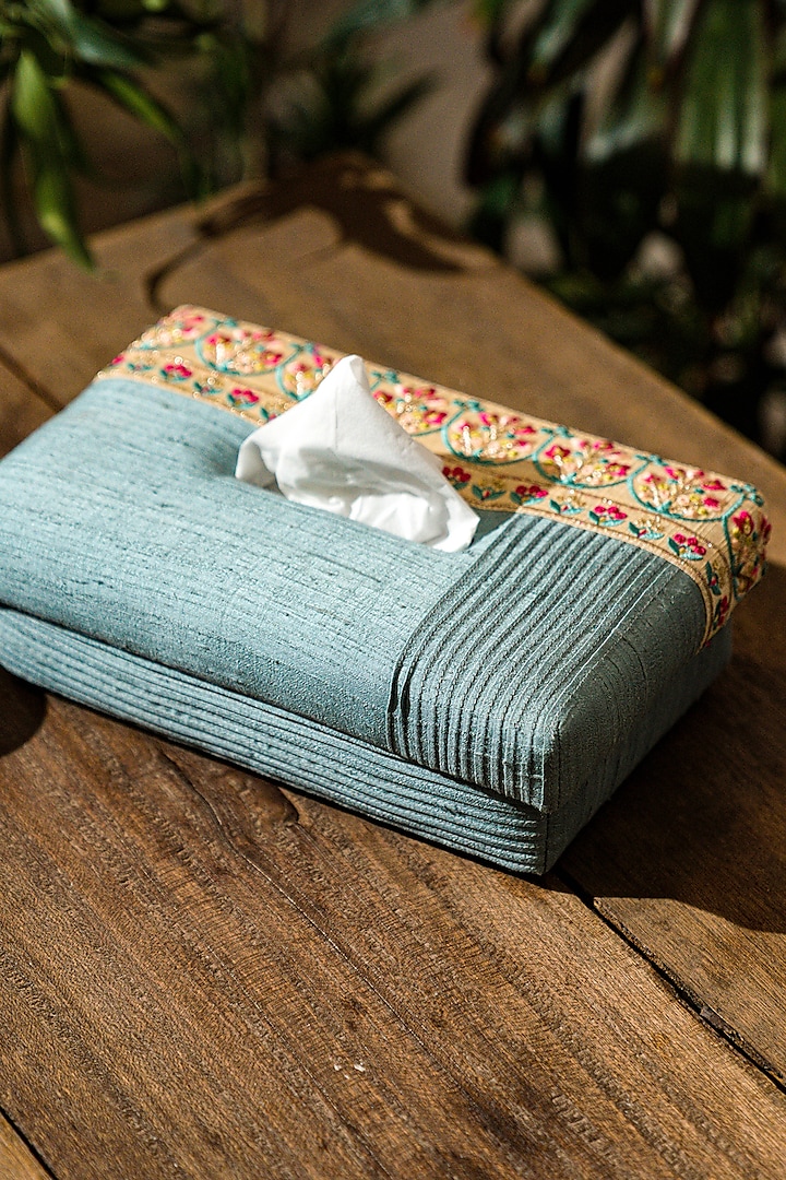 Sky Blue Hand Embroidered Tissue Box by Veaves