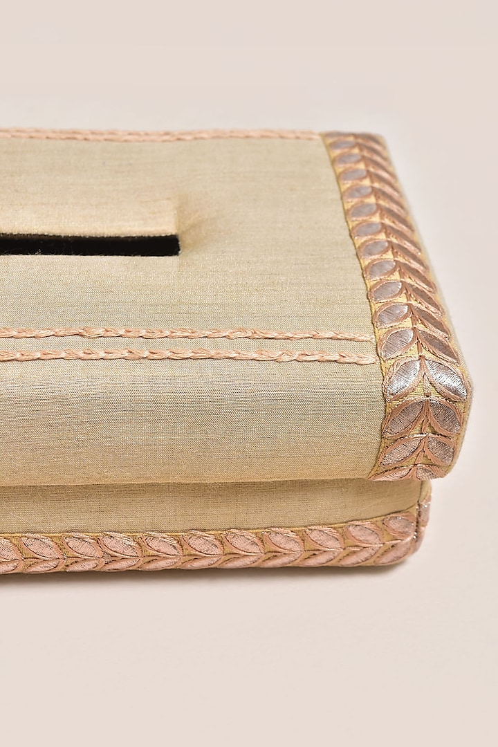 Beige Pure Silk & Cotton Tissue Box by Veaves