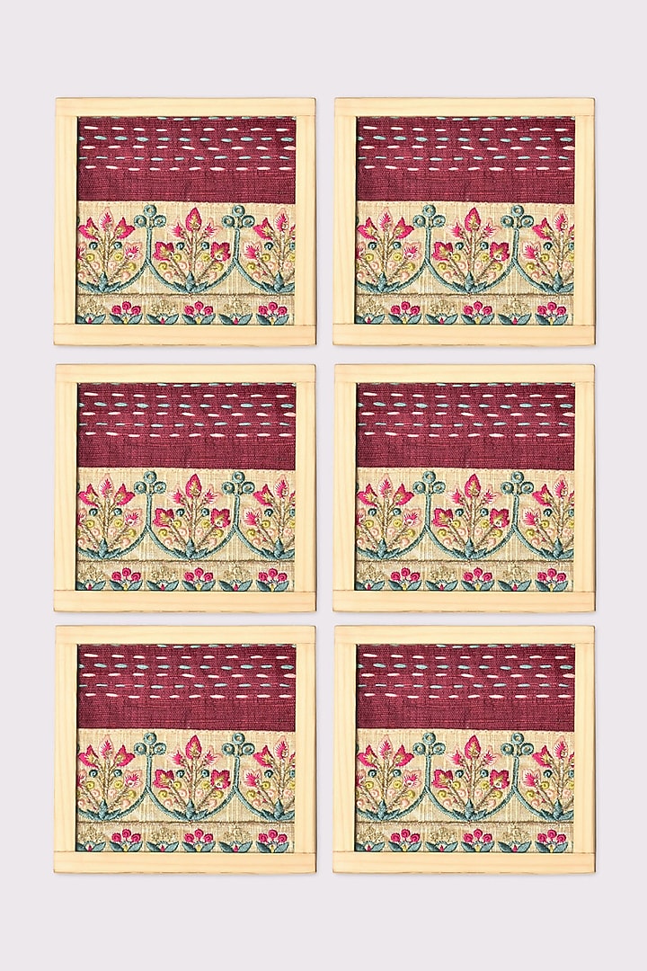 Dark Pink Hand Embroidered Coasters (Set of 2) by Veaves at Pernia's Pop Up Shop