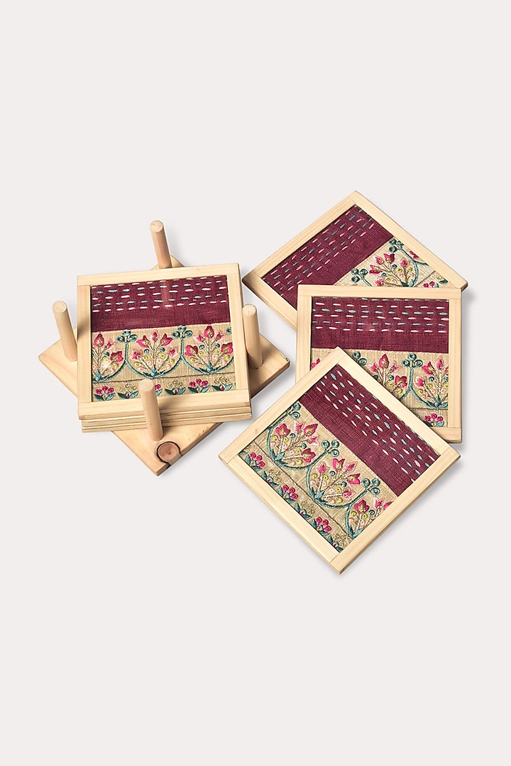 Dark Pink Hand Embroidered Coasters (Set of 2) by Veaves at Pernia's Pop Up Shop