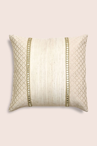 Off-White Pure Handwoven Silk & Cotton Cushion by Veaves