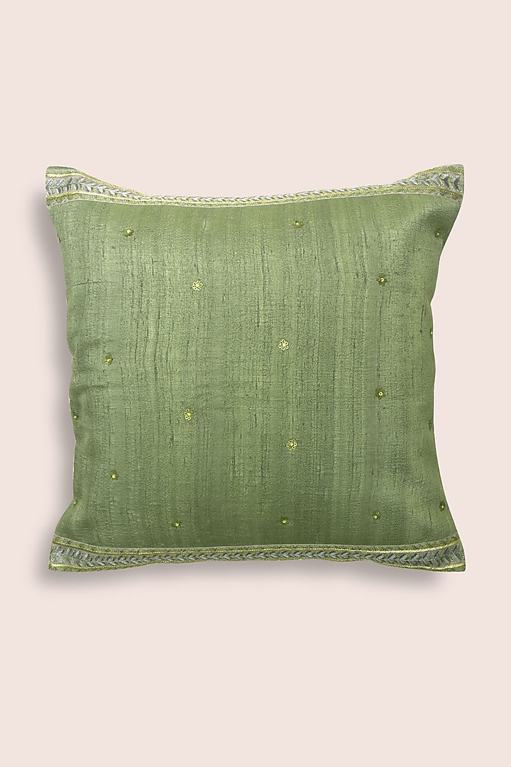 Drab Green Hand Embroidered Cushion by Veaves