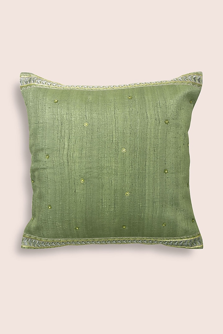 Drab Green Hand Embroidered Cushion by Veaves at Pernia's Pop Up Shop