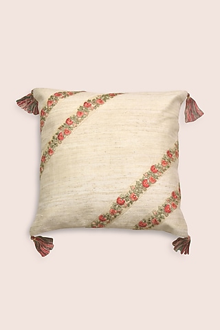 Off-White Hand Embroidered Cushion by Veaves