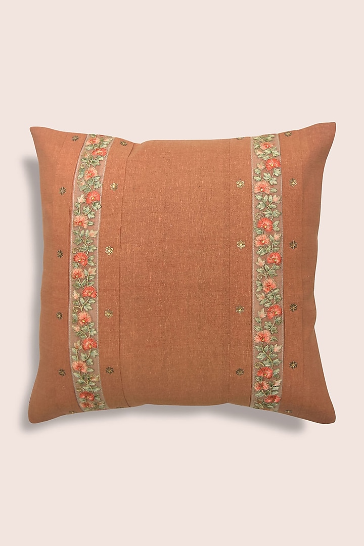 Orange Hand Embroidered Cushions (Set of 2) by Veaves