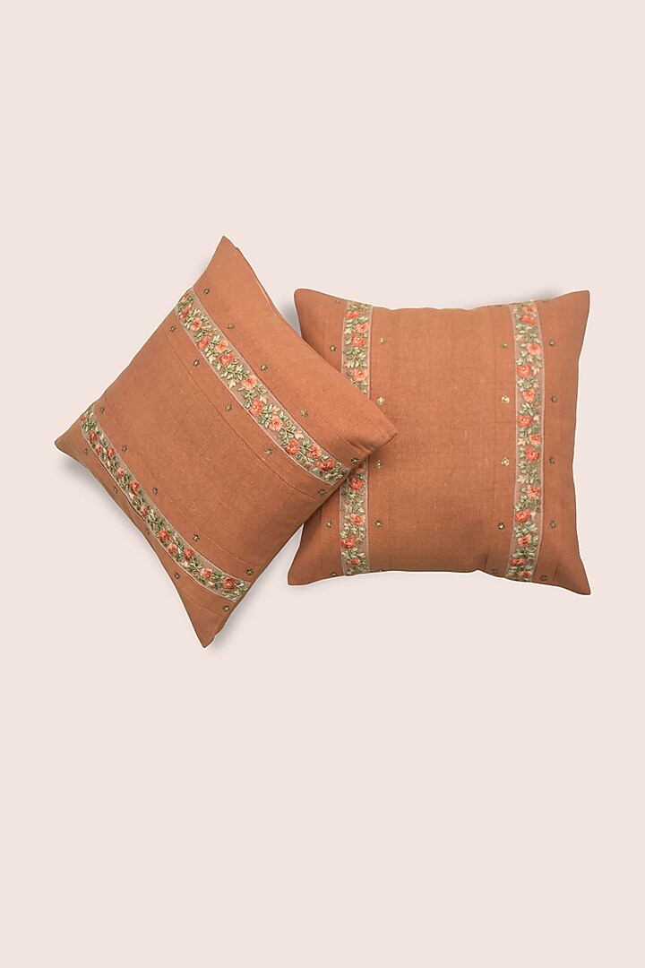 Orange Hand Embroidered Cushions (Set of 2) by Veaves at Pernia's Pop Up Shop