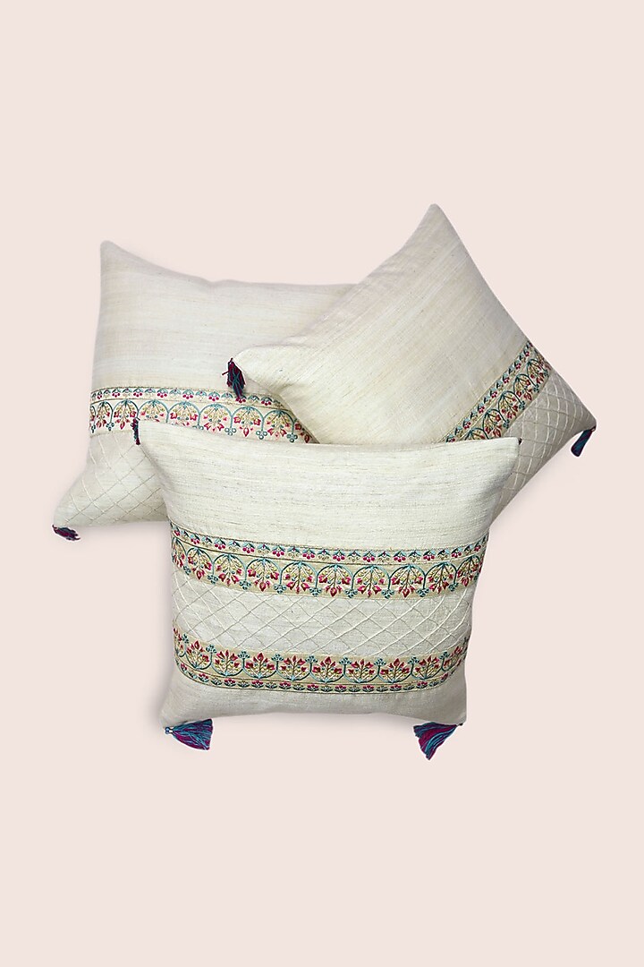 Off-White Hand Embroidered Cushions (Set of 3) by Veaves at Pernia's Pop Up Shop