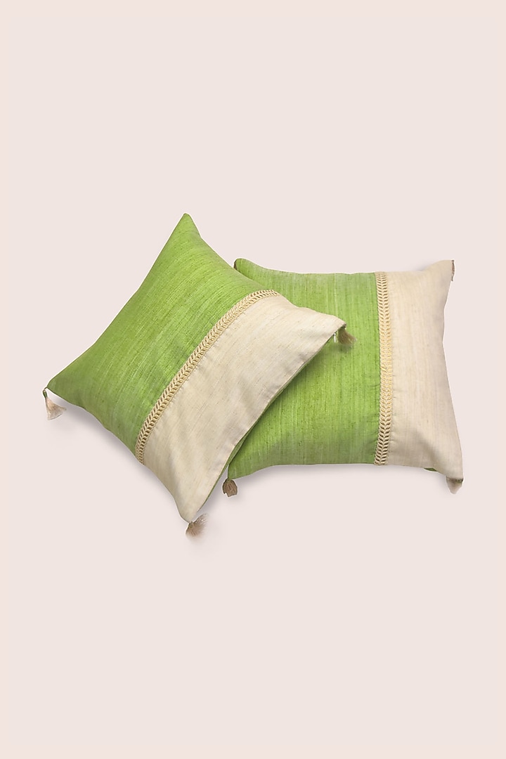 Off-White & Parrot-Green Hand Embroidered Cushion by Veaves