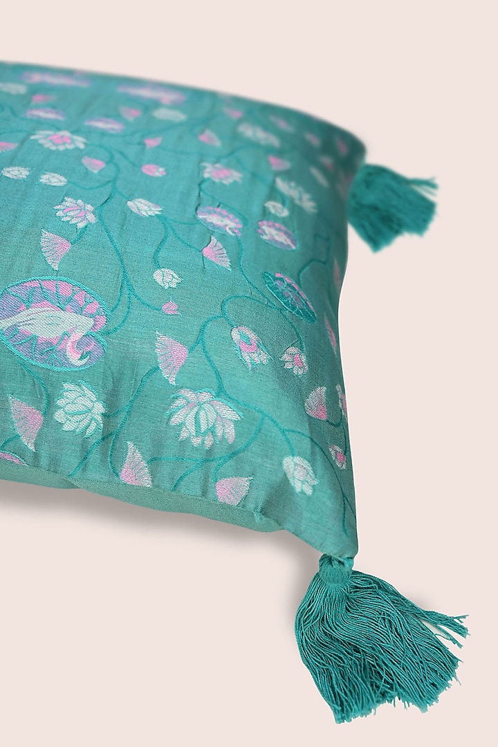 Sea-Green Pure Silk & Cotton Cushion by Veaves