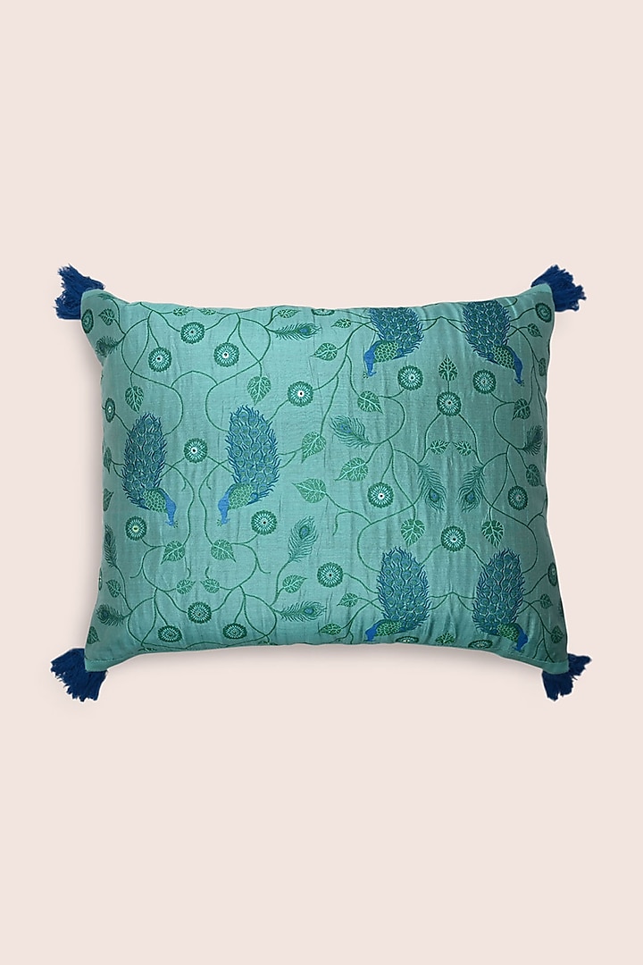 Sea-Green Embroidered Cushion by Veaves