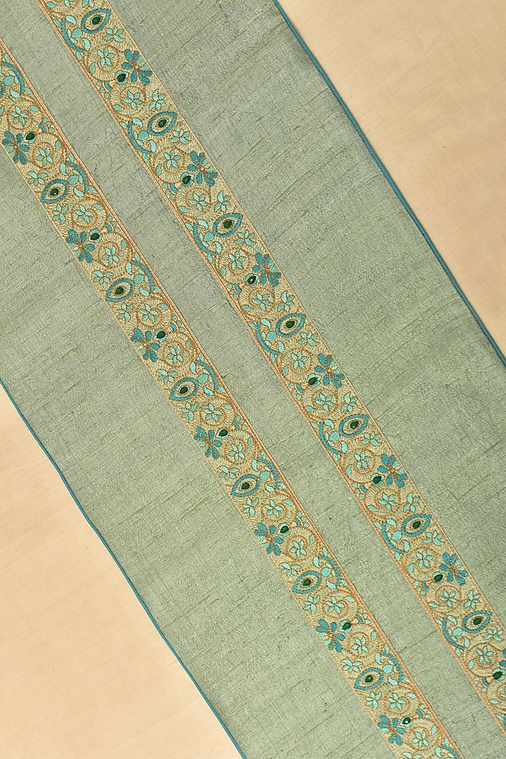 Pista Green Hand Embroidered Table Runner by Veaves