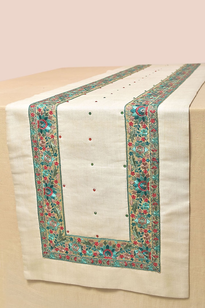 Off-White Hand Embroidered Table Runner by Veaves