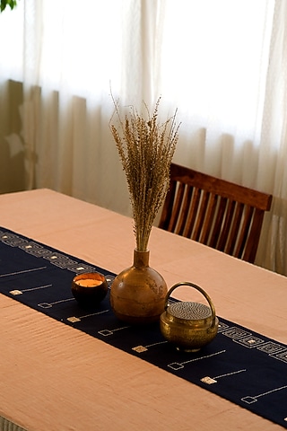 Navy Blue Hand Embroidered Table Runner by Veaves