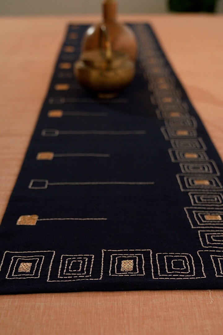 Navy Blue Hand Embroidered Table Runner by Veaves at Pernia's Pop Up Shop