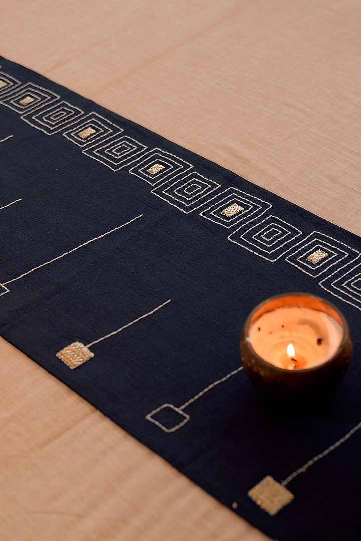 Navy Blue Hand Embroidered Table Runner by Veaves at Pernia's Pop Up Shop