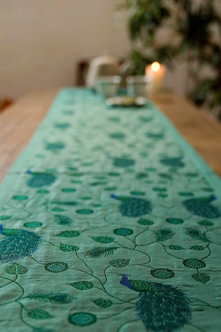 Sea-Green Hand Embroidered Table Runner by Veaves
