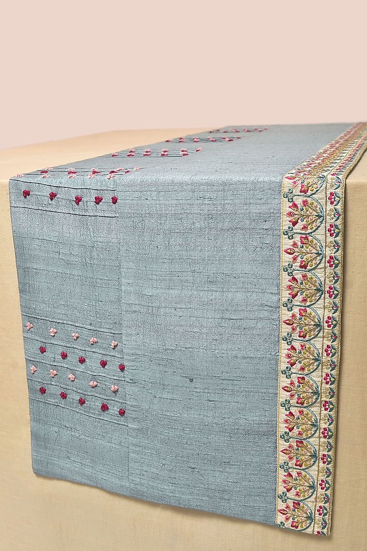 Sky Blue Hand Embroidered Table Runner by Veaves