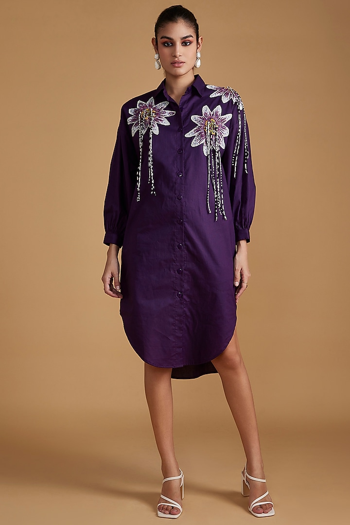 Purple Cotton Poplin Embroidered Shirt Dress by Verb by Pallavi Singhee