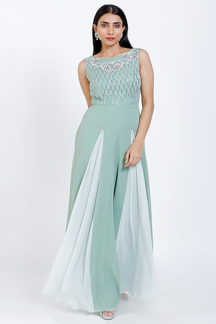 Mint Green Embroidered Jumpsuit by vedangi agarwal at Pernia's Pop Up Shop