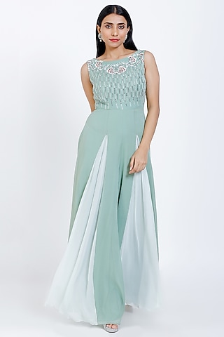 Mint Green Embroidered Jumpsuit by vedangi agarwal