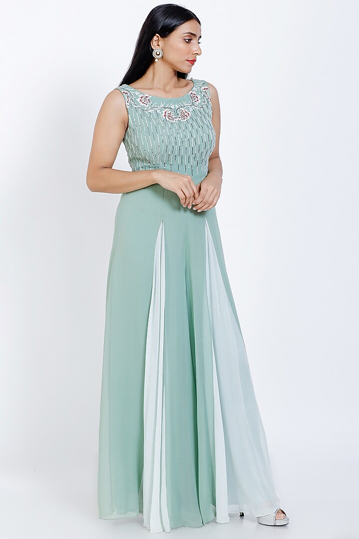 Mint Green Embroidered Jumpsuit by vedangi agarwal at Pernia's Pop Up Shop