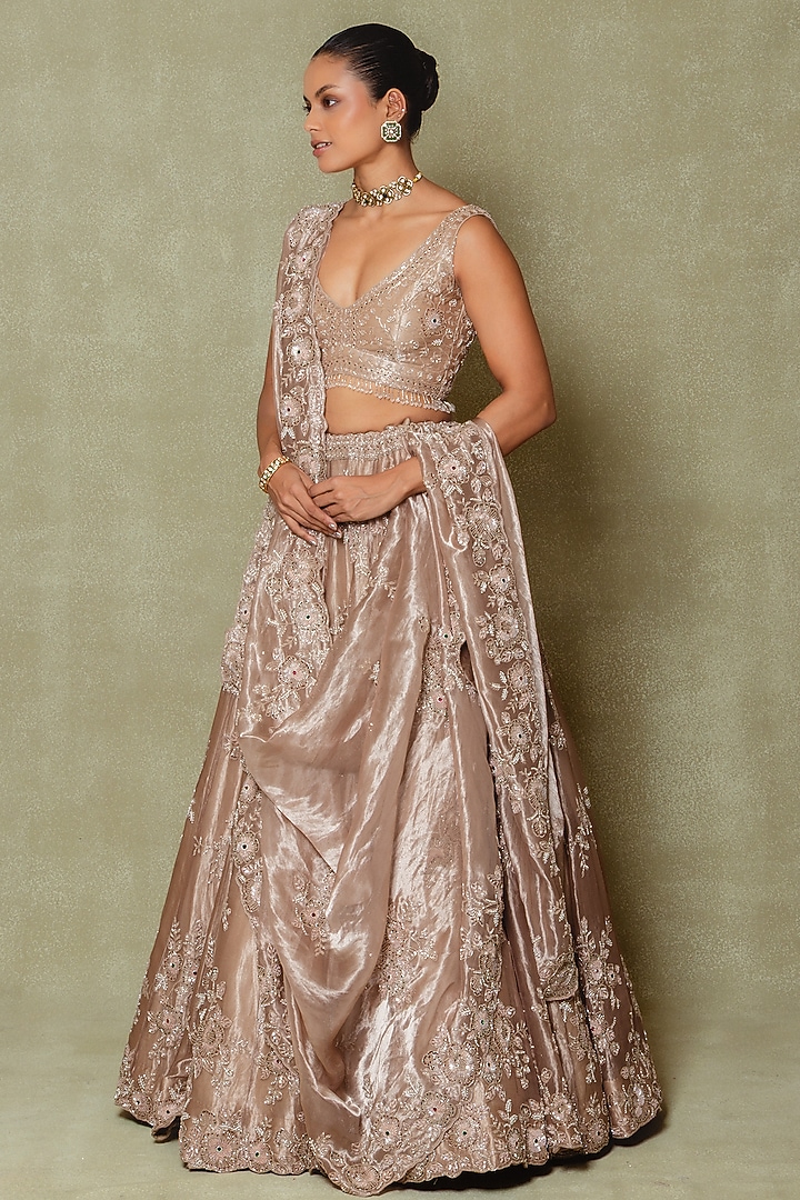 Brown Tissue Cutdana & Sequin Embroidered Bridal Lehenga Set by Vedant G at Pernia's Pop Up Shop