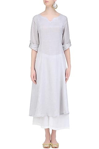 Steel Grey 'A' Line Abstract Pita Embroidery Kurta with off White Palazzos by Urvee Adhikaari