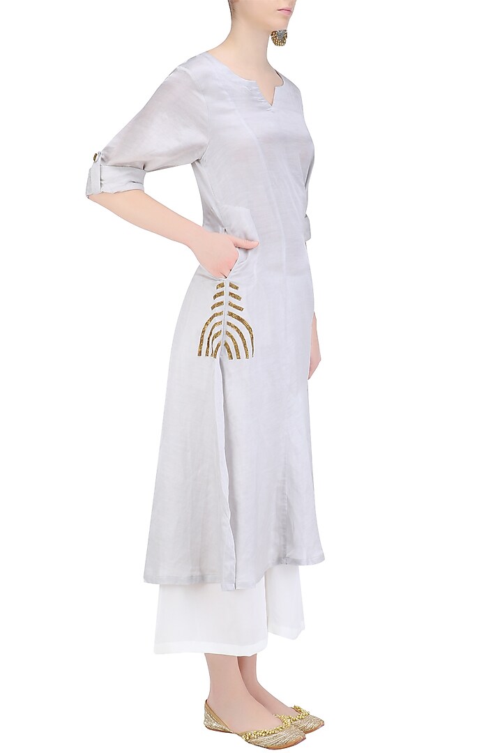 Steel grey 'A' line abstract pita embroidery kurta with off white palazzos available only at Pernia's Pop Up Shop.