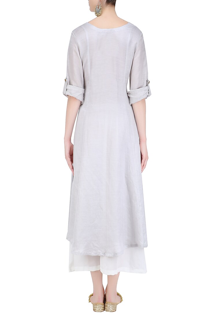 Steel grey 'A' line abstract pita embroidery kurta with off white palazzos available only at Pernia's Pop Up Shop.