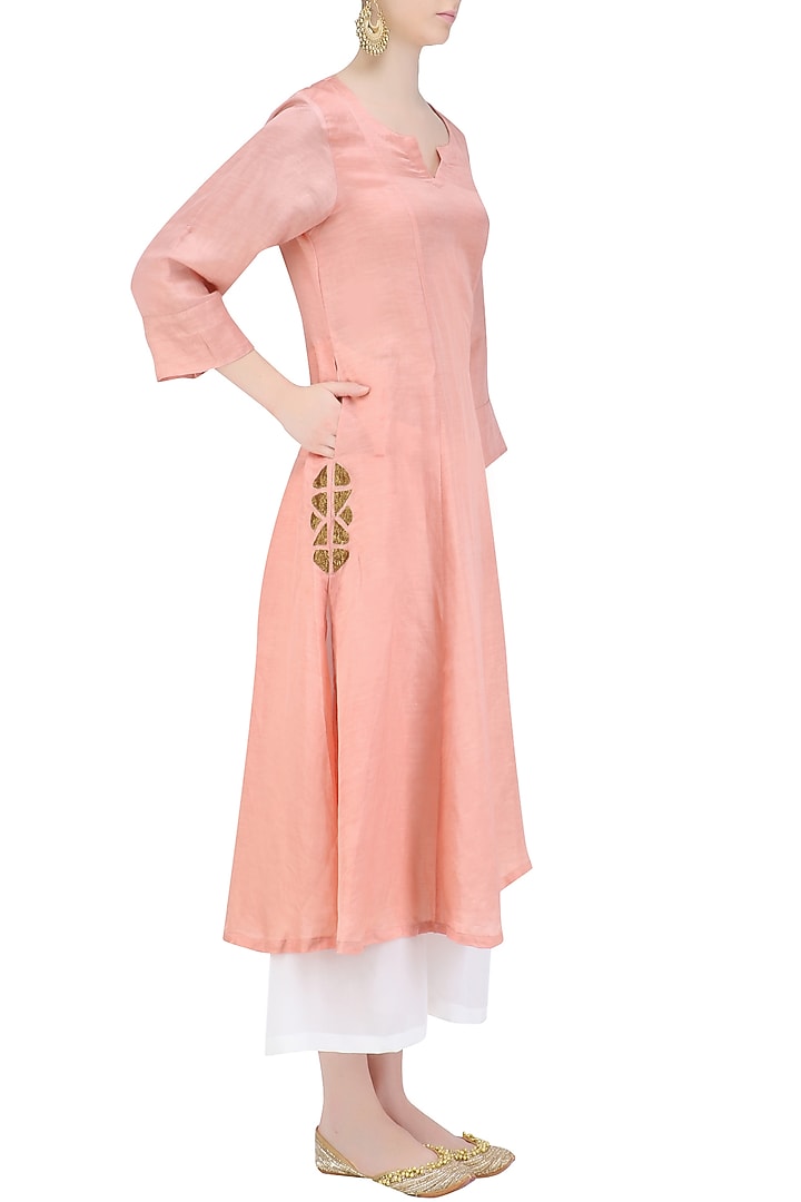 Peach 'A' line abstract pita embroidery kurta with off white palazzos available only at Pernia's Pop Up Shop.