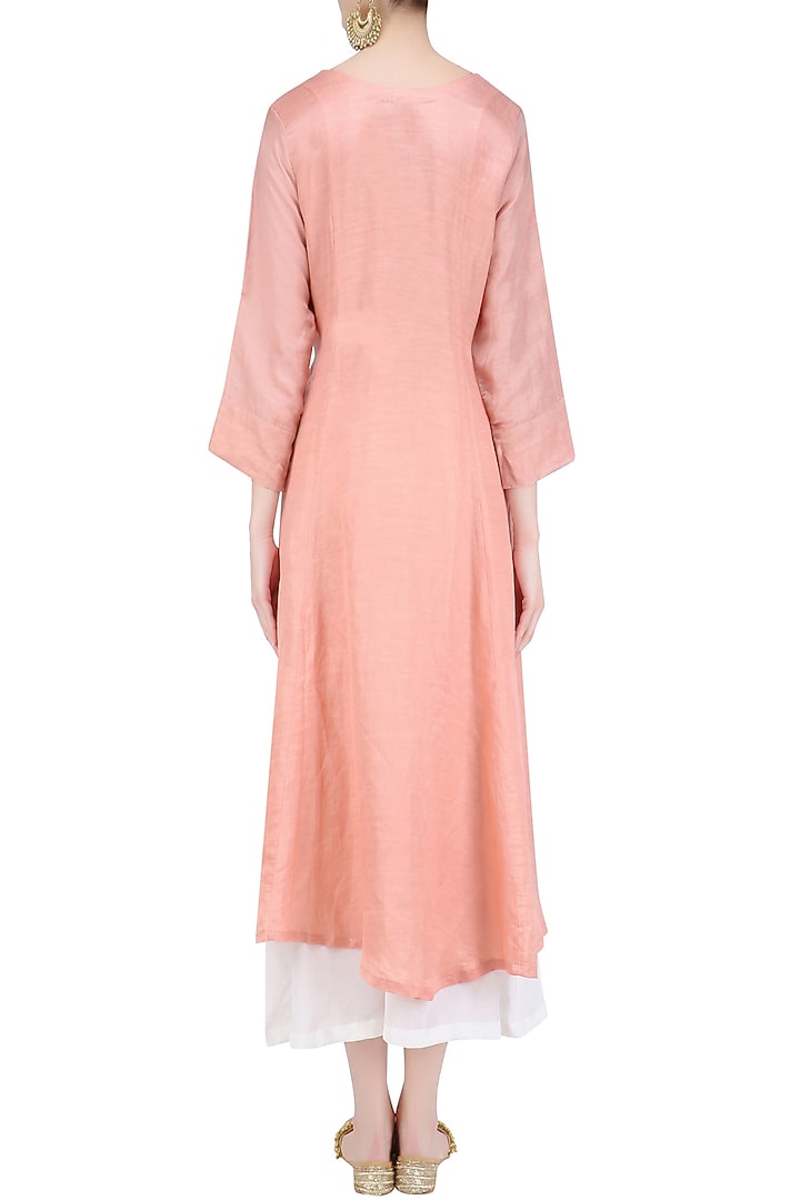 Peach 'A' line abstract pita embroidery kurta with off white palazzos available only at Pernia's Pop Up Shop.