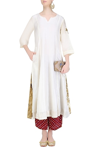 Off White 'A' Line Pita Work Dragonfly Embroidery Kurta with Bandhini Palazzos by Urvee Adhikaari