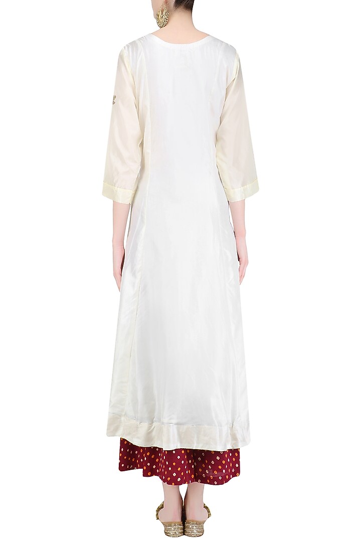 Off white 'A' line pita work dragonfly embroidery kurta with bandhini palazzos available only at Pernia's Pop Up Shop.