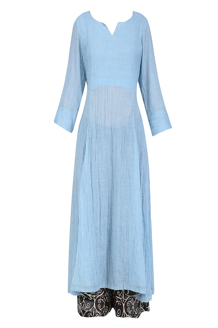 Powder blue 'A' line kurta with printed palazzos available only at Pernia's Pop Up Shop.