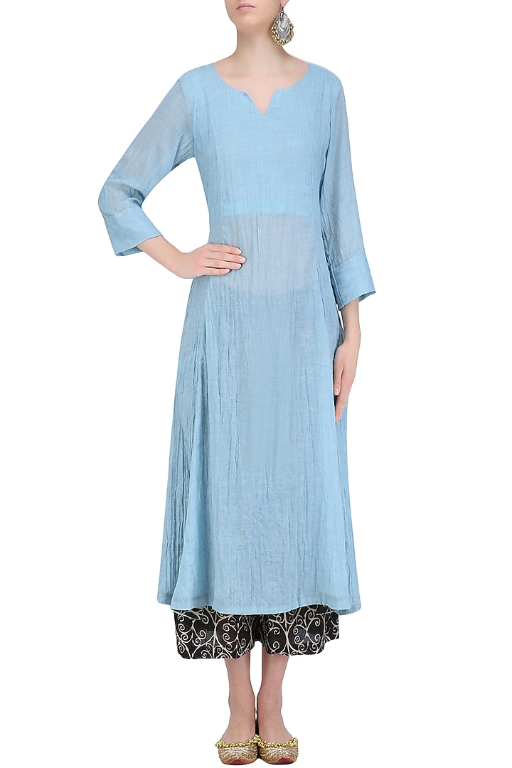 Powder blue 'A' line kurta with printed palazzos available only at Pernia's Pop Up Shop.