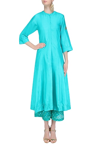 Turquoise 'A' Line Pita Work Cycle Embroidery Kurta with Bandhini Palazzos by Urvee Adhikaari