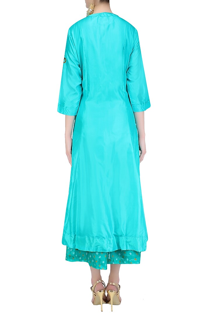 Turquoise 'A' line pita work cycle embroidery kurta with bandhini palazzos available only at Pernia's Pop Up Shop.