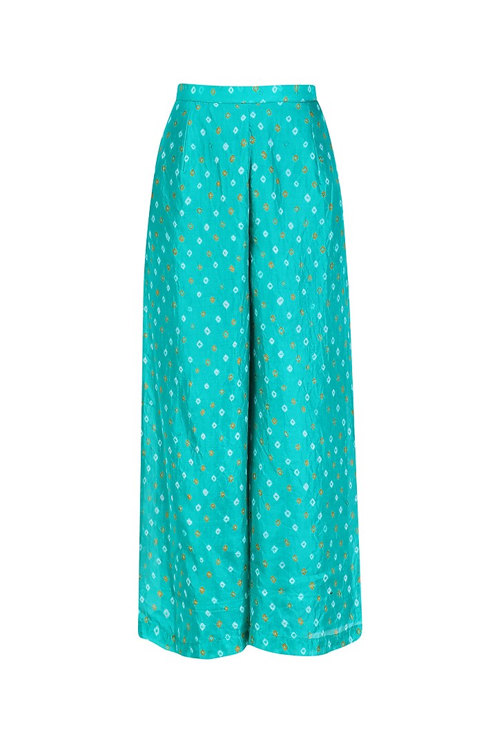 Turquoise 'A' line pita work cycle embroidery kurta with bandhini palazzos available only at Pernia's Pop Up Shop.