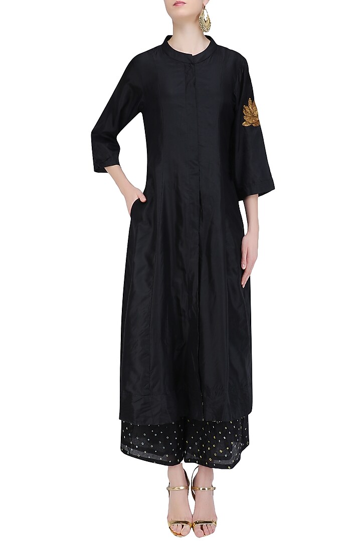Black 'A' line pita work lotus embroidery kurta with bandhini palazzos available only at Pernia's Pop Up Shop.