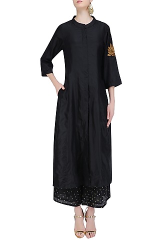 Black 'A' Line Pita Work Lotus Embroidery Kurta with Bandhini Palazzos by Urvee Adhikaari
