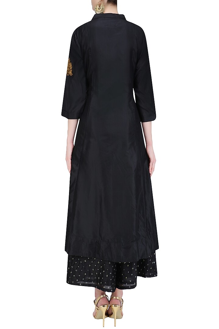 Black 'A' line pita work lotus embroidery kurta with bandhini palazzos available only at Pernia's Pop Up Shop.