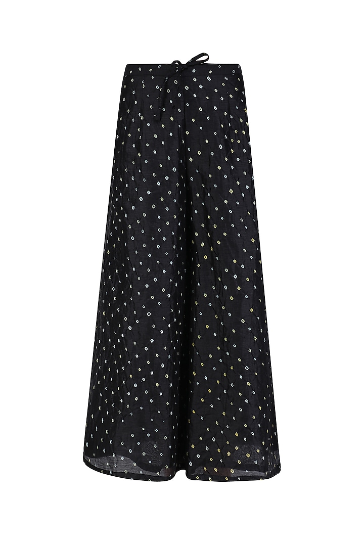 Black 'A' line pita work lotus embroidery kurta with bandhini palazzos available only at Pernia's Pop Up Shop.