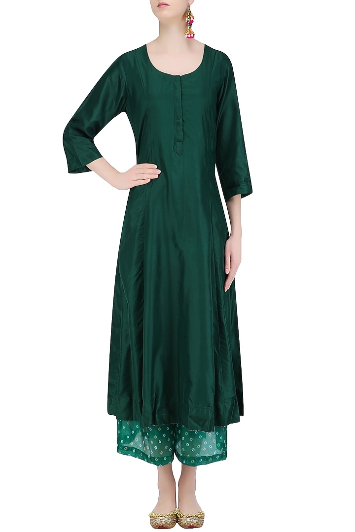 Bottle Green 'A' line pita work rickshaw embroidery kurta with bandhini palazzos available only at Pernia's Pop Up Shop.