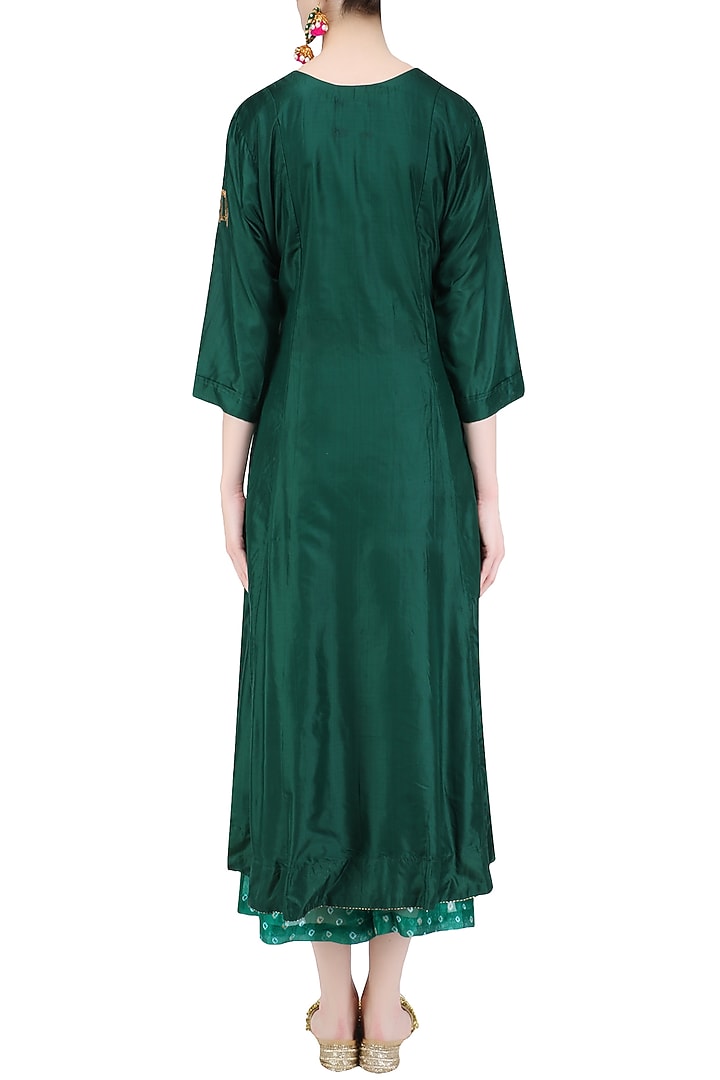 Bottle Green 'A' line pita work rickshaw embroidery kurta with bandhini palazzos available only at Pernia's Pop Up Shop.