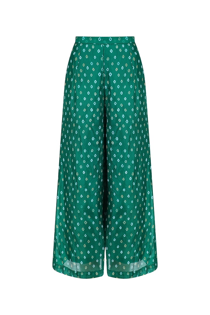 Bottle Green 'A' line pita work rickshaw embroidery kurta with bandhini palazzos available only at Pernia's Pop Up Shop.