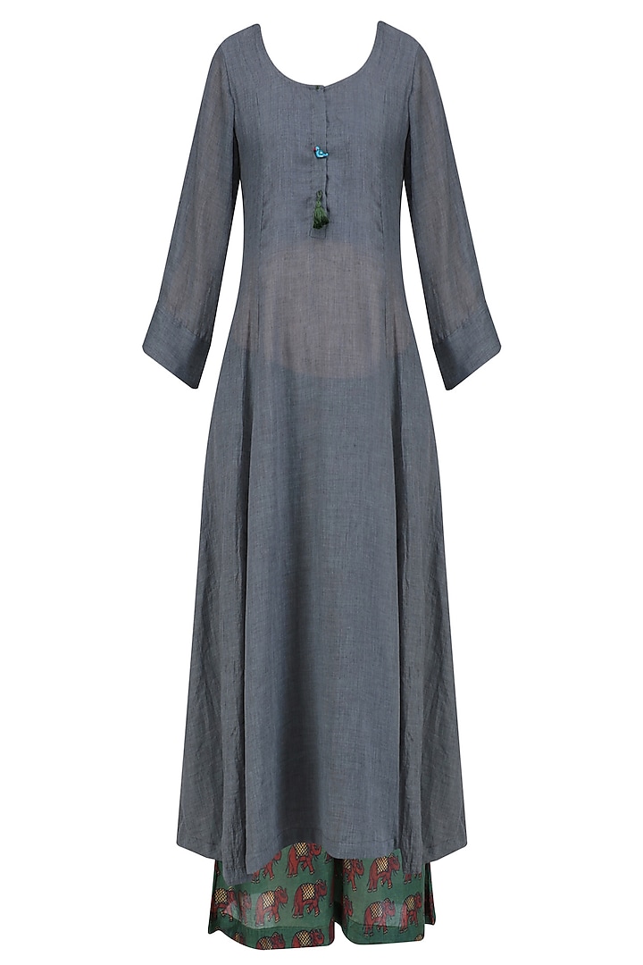 Stone Grey 'A' line bird and dangler buttons kurta with printed palazzos available only at Pernia's Pop Up Shop.