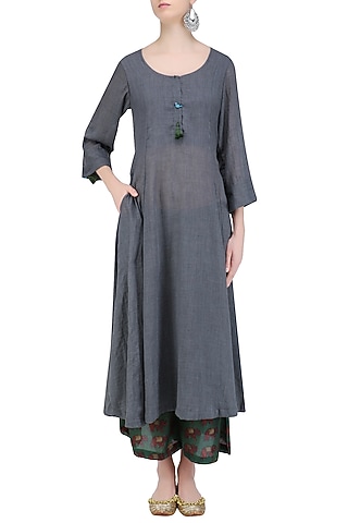 Stone Grey 'A' Line Bird and Dangler Buttons Kurta with Printed Palazzos by Urvee Adhikaari