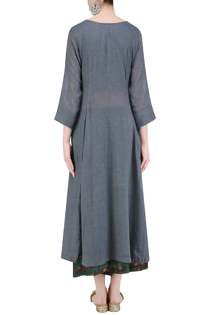 Stone Grey 'A' line bird and dangler buttons kurta with printed palazzos available only at Pernia's Pop Up Shop.